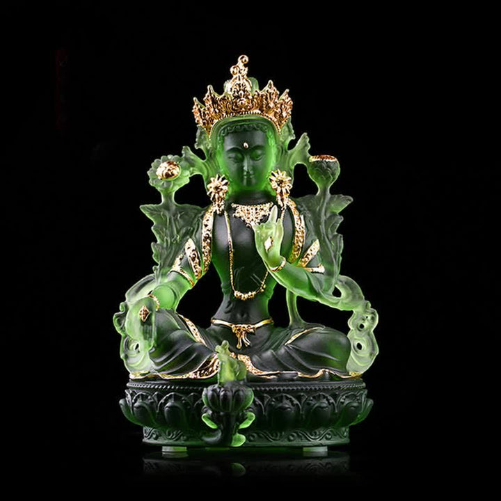 Buddha Stones Bodhisattva Tara verte Pièce d'art en cristal Liuli faite à la main Protection Maison Bureau Statue Décoration - 8*6*12,8 cm - Tara Verte Dorée - image 4
