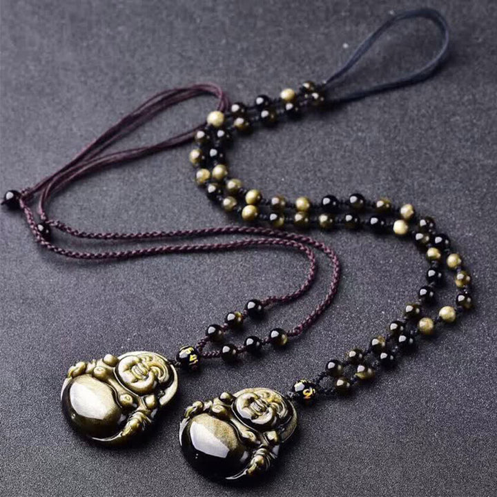 Buddha Stones Bouddha rieur Collier d'obsidienne à reflets d'or Pendentif de richesse - image 3