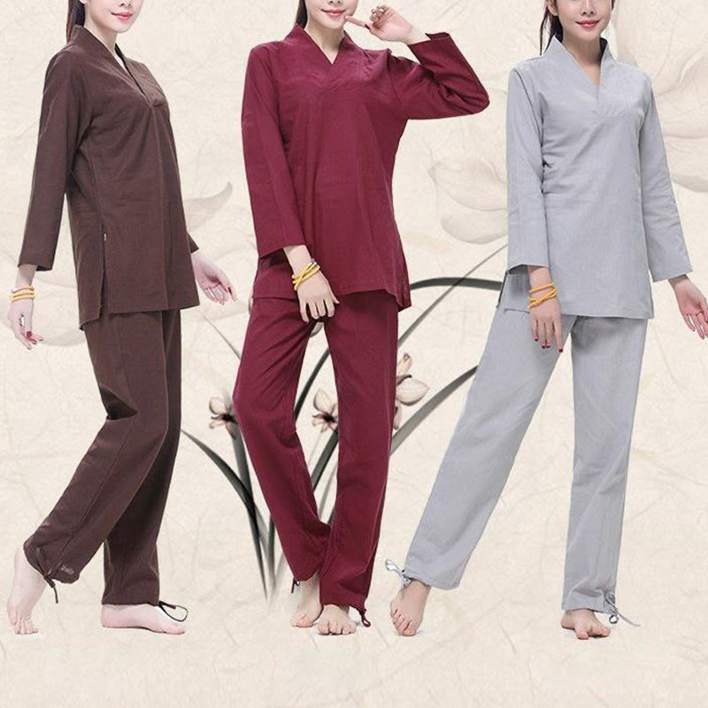 Ensemble de vêtements pour femmes en coton et lin avec Buddha Stones, pratique zen, yoga, méditation, prière, col en V
