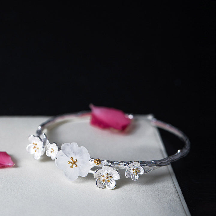 Bracelet réglable en argent sterling 925 Buddha Stones et fleur de prunier