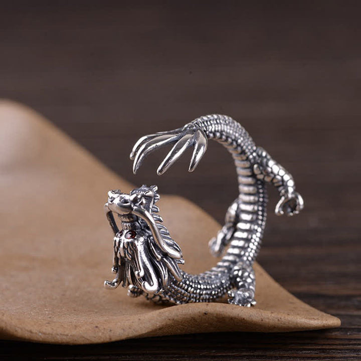 Bague de protection porte-bonheur en argent sterling 925 Buddha Stones et dragon