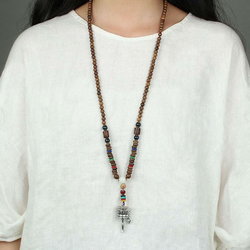 Collier pendentif en bois Vajra Buddha Stones tibétaines Om Mani Padme Hum et rotation de la roue de prière - image 15