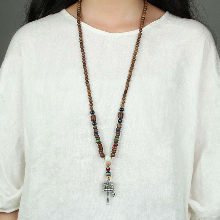Collier pendentif en bois Vajra Buddha Stones tibétaines Om Mani Padme Hum et rotation de la roue de prière - image 15