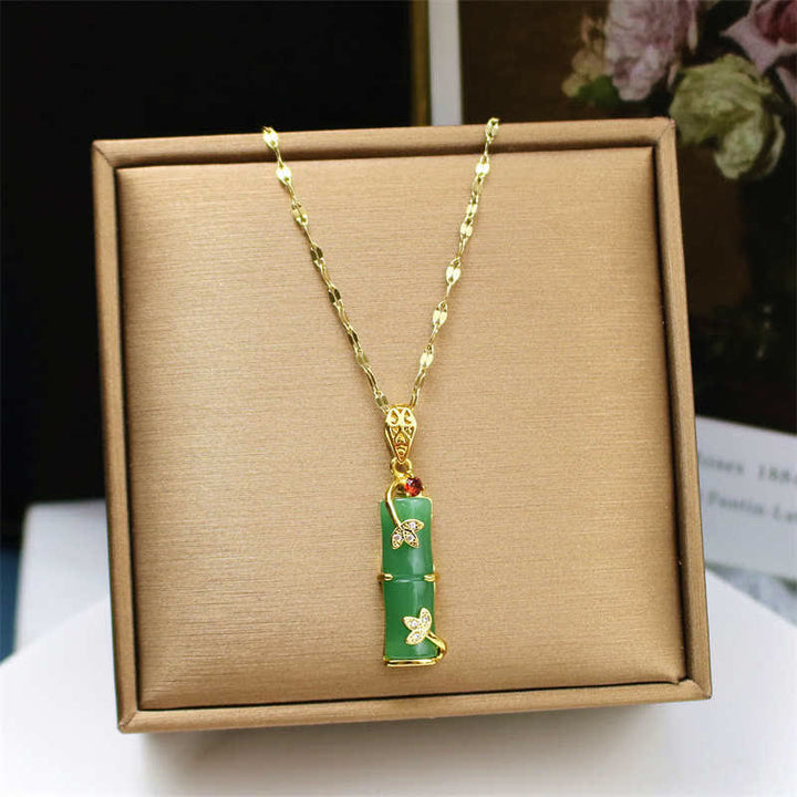 Collier pendentif protection chanceuse en bambou et jade blanc et jade cyan Buddha Stones
