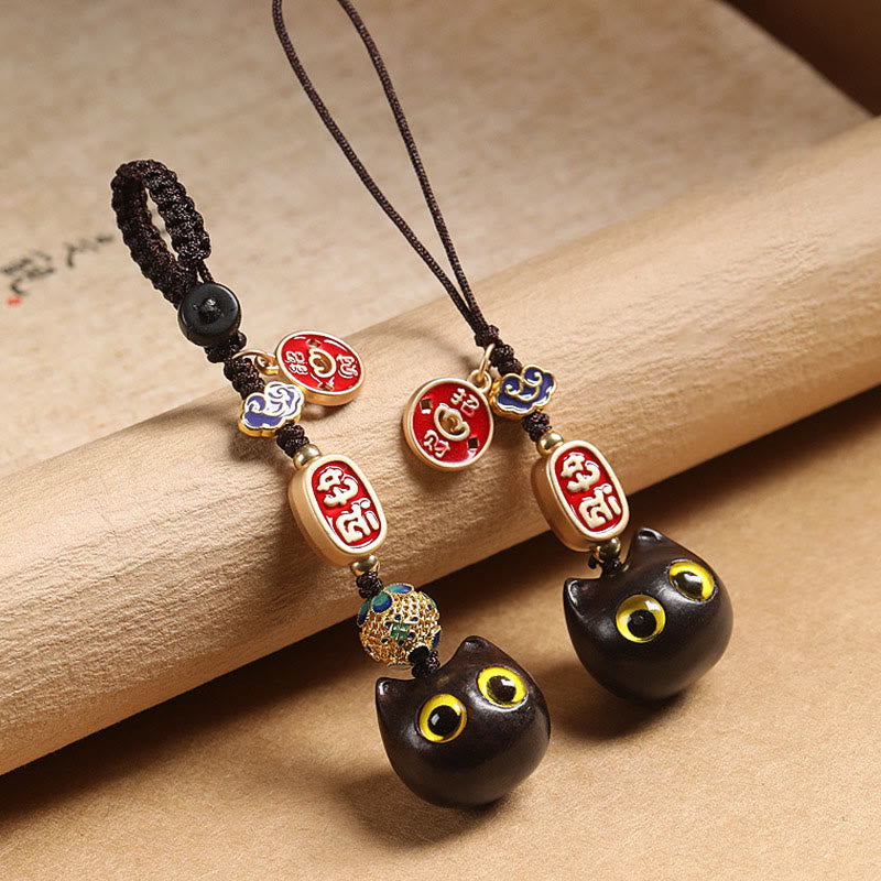 Porte-clés en bois d'ébène avec Buddha Stones, chat porte-bonheur, nuage de bon augure, paix, décoration à suspendre pour téléphone - image 1