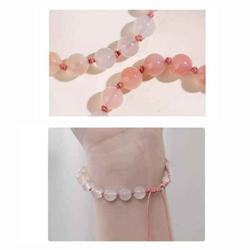 Bracelet en corde fait main avec Buddha Stones en agate naturelle dégradée et nœud de réincarnation en fleur de pêcher