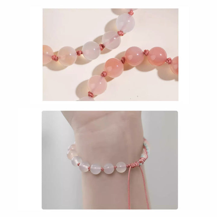 Bracelet en corde fait main avec Buddha Stones en agate naturelle dégradée et nœud de réincarnation en fleur de pêcher