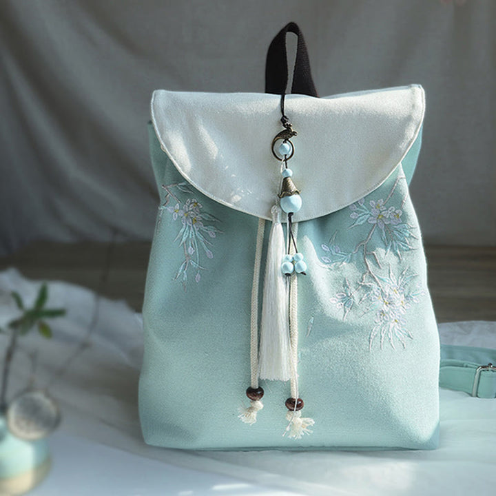 Sac à dos en toile de grande capacité brodé à la main avec Buddha Stones - Fleur de poirier vert - image 0