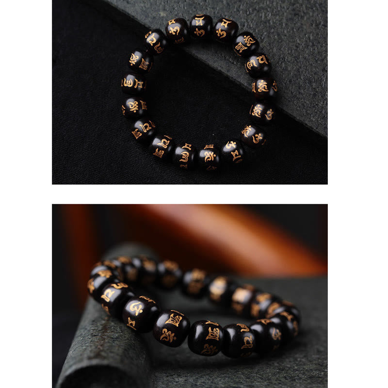 Bracelet de paix gravé en bois d'ébène tibétain avec Buddha Stones Om Mani Padme Hum