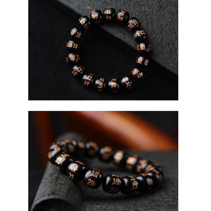 Bracelet de paix gravé en bois d'ébène tibétain avec Buddha Stones Om Mani Padme Hum