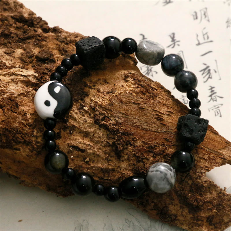 Bracelet de protection de la fortune Yin Yang en perles de jaspe Picasso et onyx noir Buddha Stones