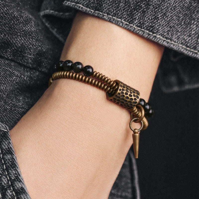 Bracelet double couche de guérison de la paix intérieure en cuivre et obsidienne arc-en-ciel en Buddha Stones