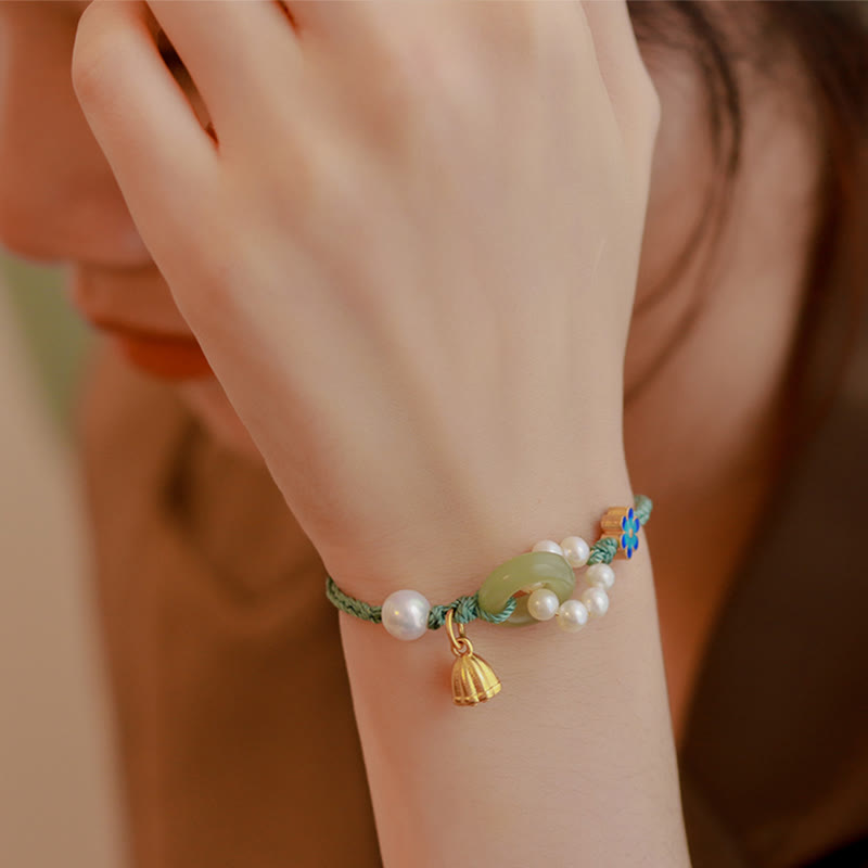 Bracelet tressé artisanal en Buddha Stones Hetian naturel avec boucle de paix et perles de chance