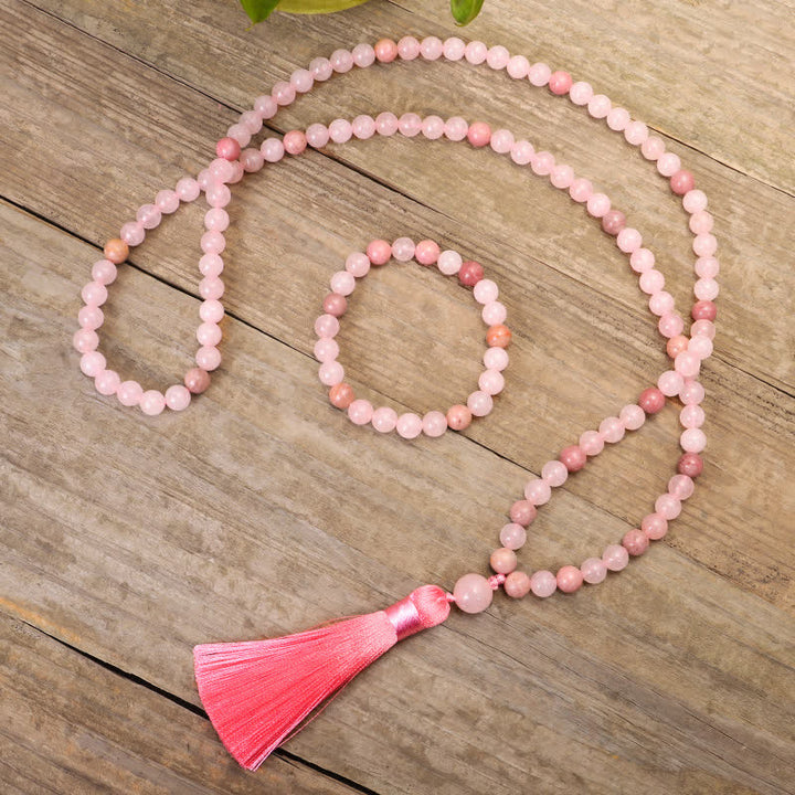 Bracelet Mala 108 perles en cristal rose avec pompon d'amour Buddha Stones