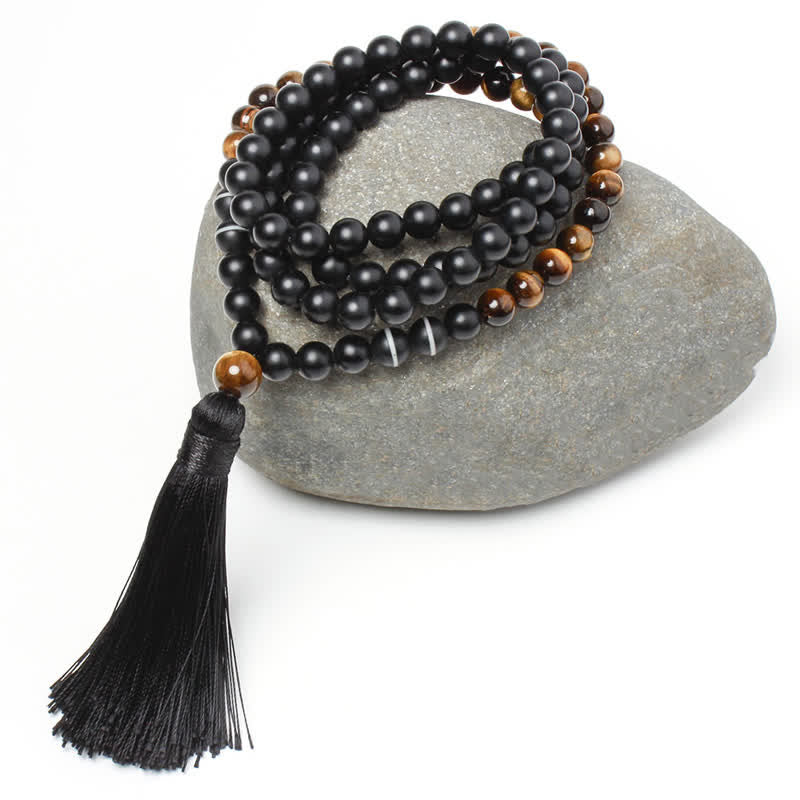 Collier pendentif porte-bonheur en onyx noir et œil de tigre avec Buddha Stones
