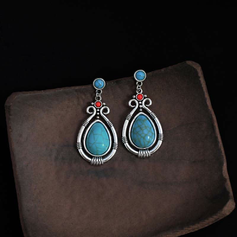 Boucles d'oreilles pendantes en forme de goutte d'eau turquoise vintage du Tibet