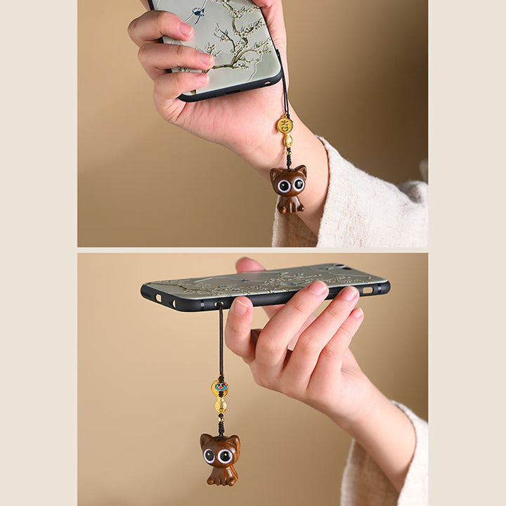 Buddha Stones en bois de santal vert, chat porte-bonheur, poisson koï, décoration à suspendre pour téléphone