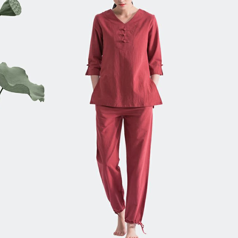 Ensemble de vêtements en coton et lin Buddha Stones , yoga, méditation, prière, col en V, pratique zen, pour femmes