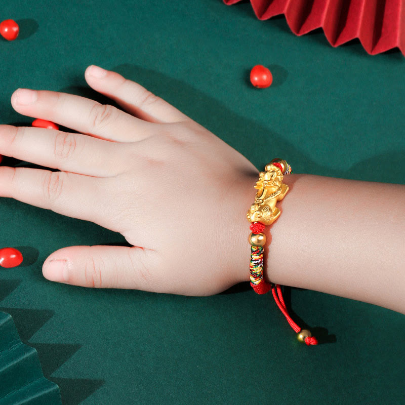 Bracelet tressé pour enfants en argent sterling 999 avec Buddha Stones et nœuds PiXiu Wealth King Kong