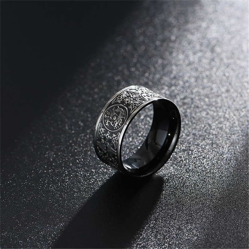Bague porte-bonheur sculptée en basalte de Suzaku avec quatre Buddha Stones, dragon, bête gardienne, tigre blanc