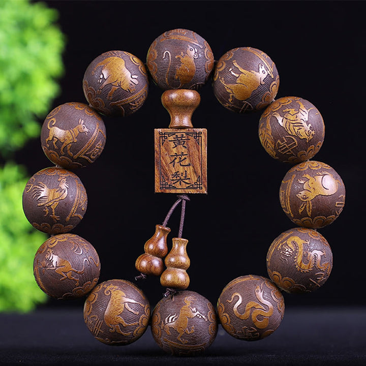 Bracelet de chaleur sculpté PiXiu en bois de rose, ébène, pièce de cuivre et Buddha Stones, signe du zodiaque chinois