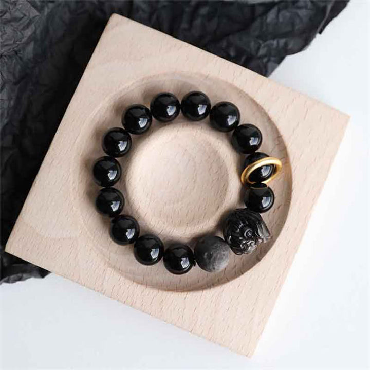 Bracelet Force du Lion en Obsidienne Noire et Argent