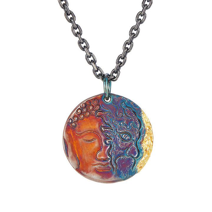 Collier pendentif de compassion moitié démon moitié bouddha en argent sterling 999 et or 24 carats avec Buddha Stones