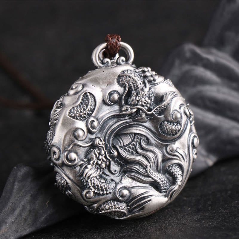 Collier de protection Buddha Stones en argent 999 Neuf dragons jouant avec une perle Pendentif de protection de la chance