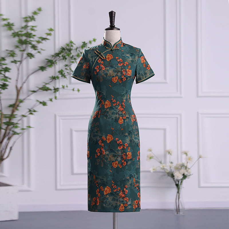 Robe Qipao à imprimé rétro avec Buddha Stones et fleurs de lotus et pivoines pour femme - Fleur verte - US16，UK/AU20，EU48 (5XL) - image 0