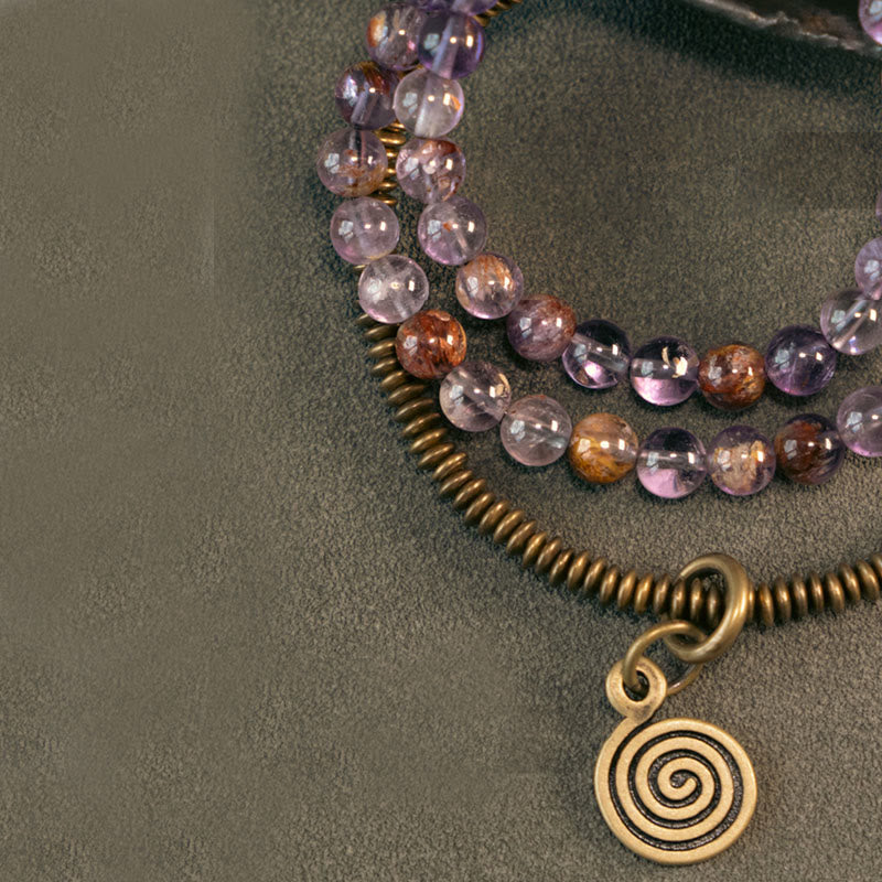 Bracelet en cuivre Love Forgive Buddha Stones quartz hématoïde rouge fantôme violet et quartz rutile vert