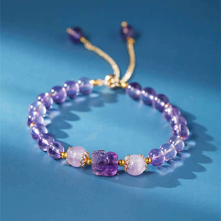 Bracelet de guérison PiXiu en aigue- Buddha Stones, quartz fraise, améthyste et pierre de lune