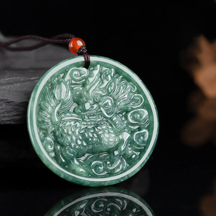 Collier pendentif en jade naturel Kirin Abondance avec Buddha Stones
