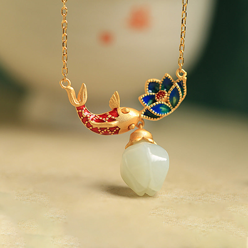 Collier pendentif protection lotus poisson koi en argent sterling 925 et jade blanc Buddha Stones - image 2