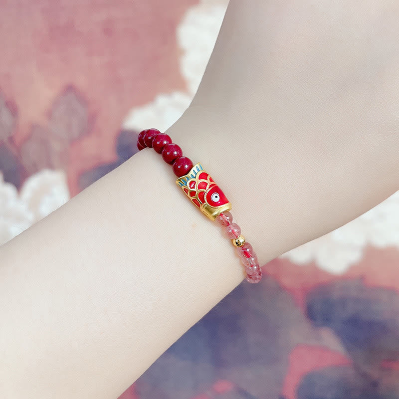 Bracelet de guérison porte-bonheur en quartz fraise et cinabre en Buddha Stones