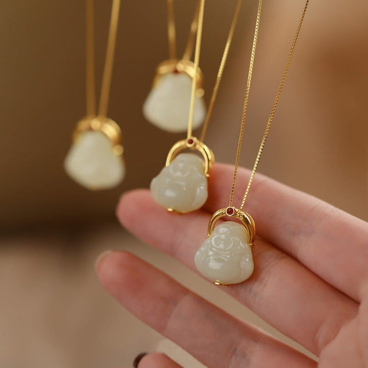 Buddha Stones en argent sterling 925 et jade Hetian naturel avec Bouddha rieur - Jade de Hetian (Prospérité ♥ Abondance) - image 0