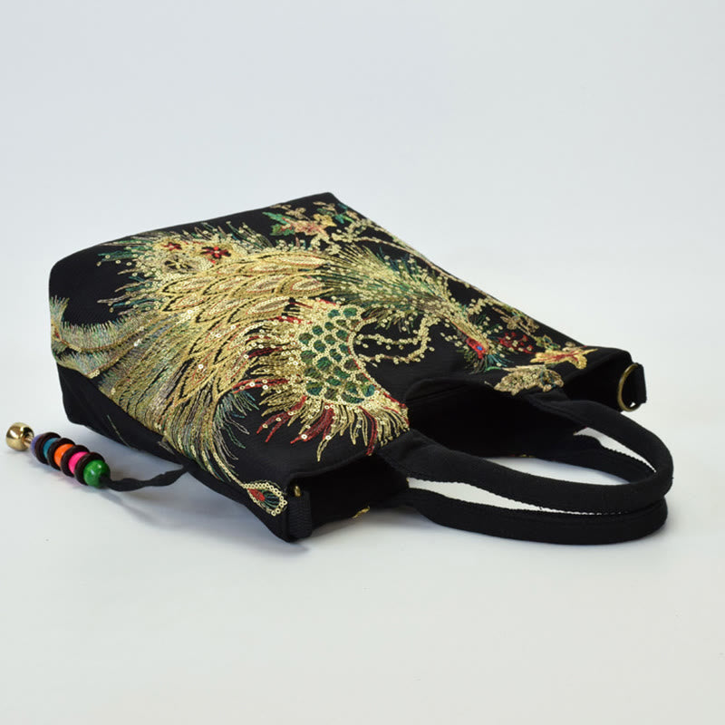 Sac cabas brodé double face avec motif de paon et Buddha Stones, sac bandoulière - image 14