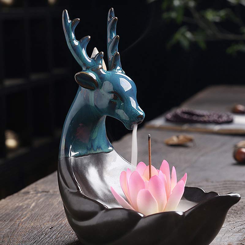 Brûleur d'encens de méditation en céramique Buddha Stones Little Deer Lotus
