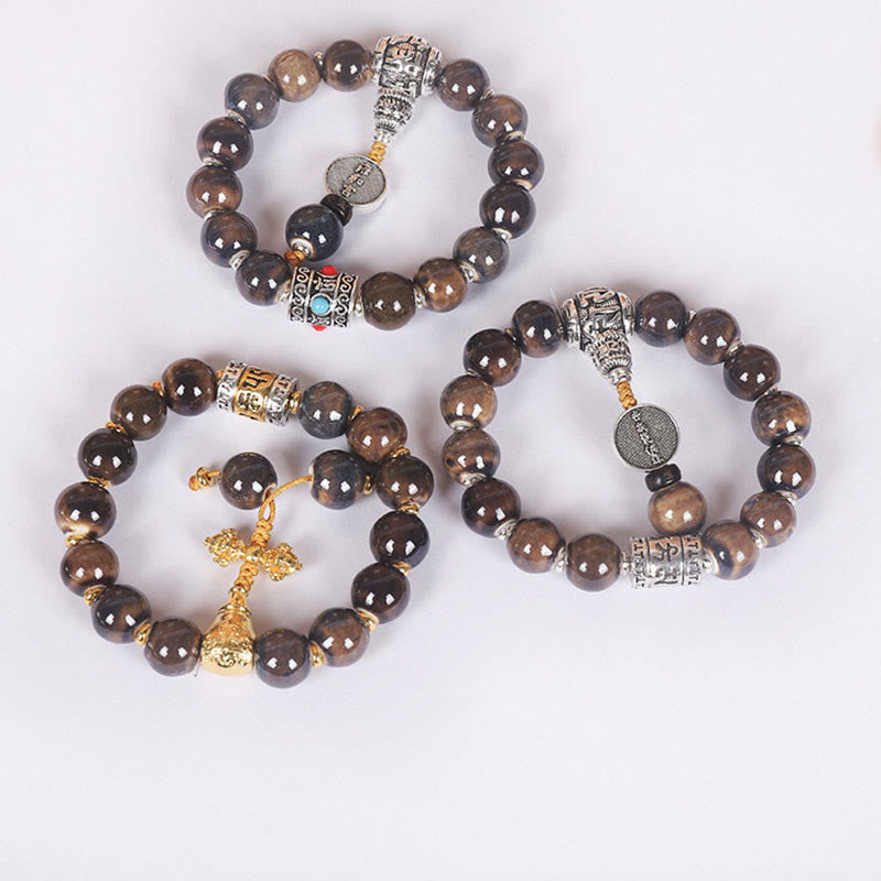 Bracelet de sagesse en perles de verre gravées Buddha Stones et roue de prières tibétaines Om Mani Padme Hum Dorje Vajra