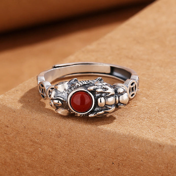 Buddha Stones PiXiu Pièce de monnaie en cuivre Agate rouge Bague de la richesse et de la chance