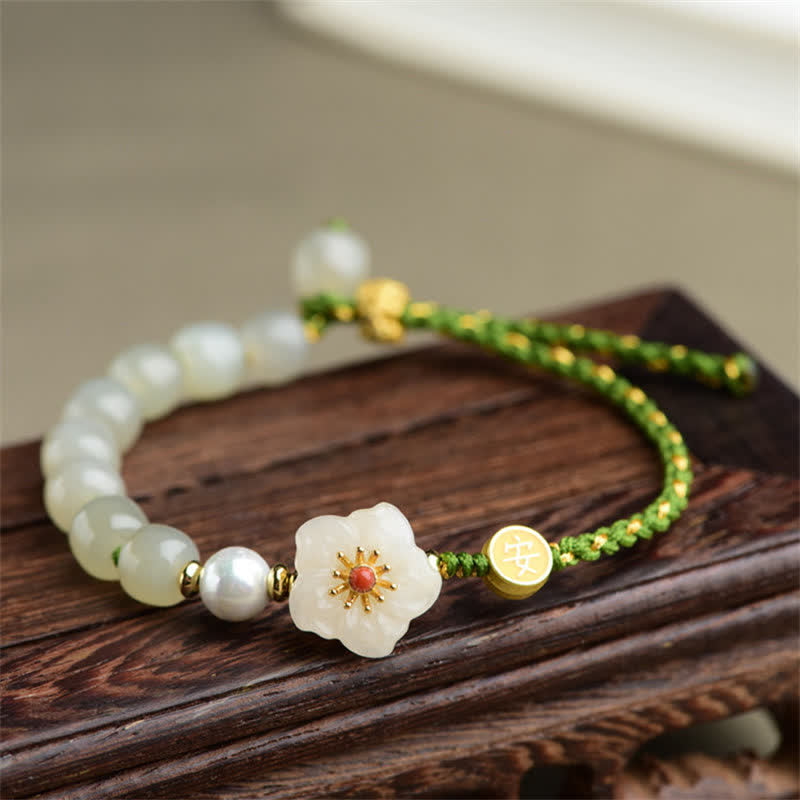 Bracelet porte-bonheur en argent sterling 925 avec jade naturel Hetian et fleur de pêcher - Jade Hetian (Prospérité♥Abondance) - image 0