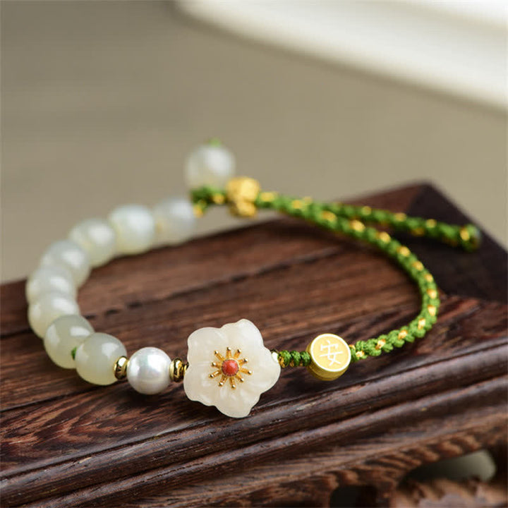 Bracelet porte-bonheur en argent sterling 925 avec jade naturel Hetian et fleur de pêcher