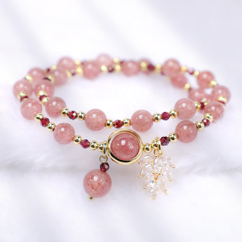Bracelet double tour avec breloque en feuille d'érable et quartz fraise naturel Buddha Stones