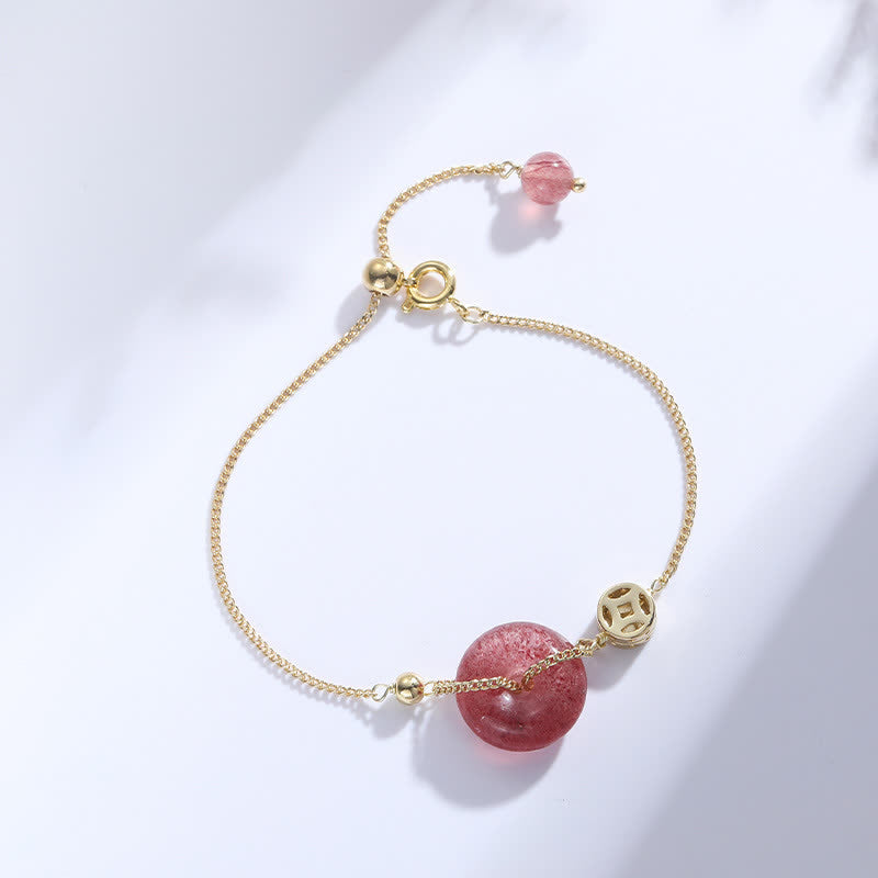 Bracelet d'amour avec boucle de paix et pièce de monnaie en quartz fraise et Buddha Stones