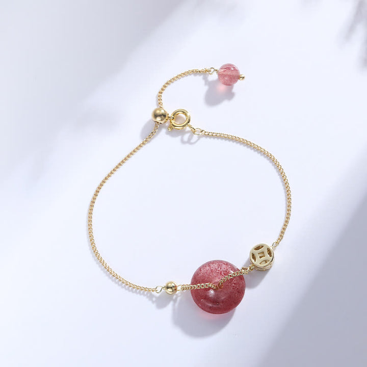 Bracelet d'amour avec boucle de paix et pièce de monnaie en quartz fraise et Buddha Stones