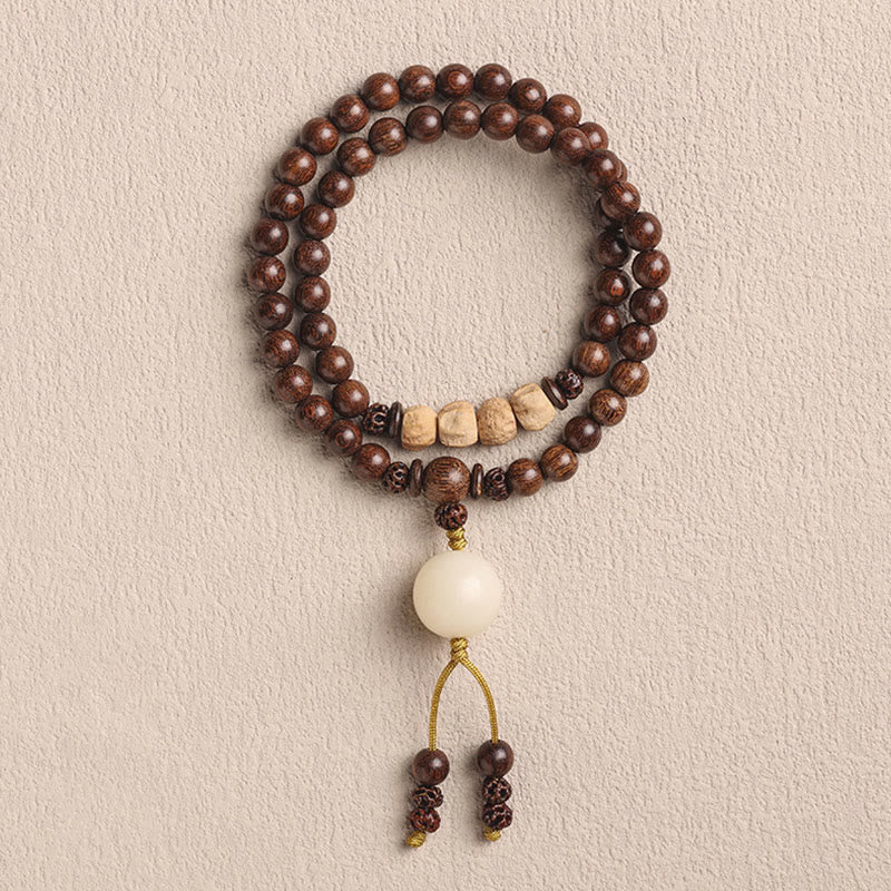 Bracelet double tour de purification en bois de santal et petites feuilles de bois de santal rouge et pierres de Buddha Stones