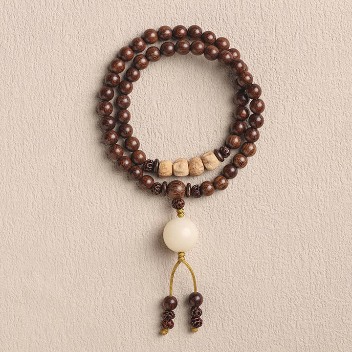 Bracelet double tour de purification en bois de santal et petites feuilles de bois de santal rouge et pierres de Buddha Stones
