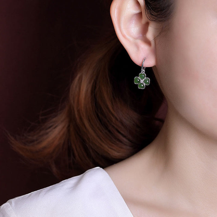 Boucles d'oreilles trèfle à quatre feuilles en argent sterling 925 et jade cyan naturel avec pierres de Buddha Stones