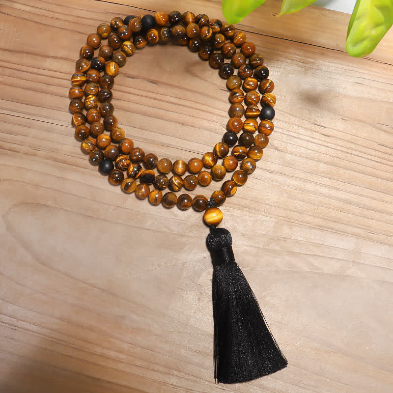 Bracelet Mala 108 Buddha Stones avec pompon de protection en œil de tigre