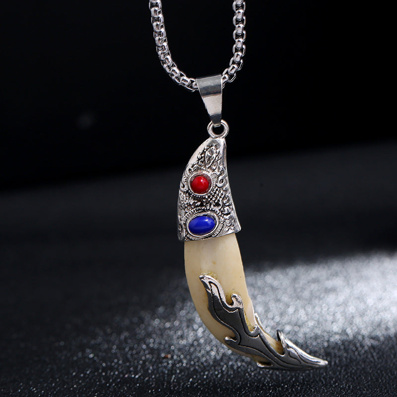 Buddha Stones Collier pendentif en acier titane Imitation dent de loup
