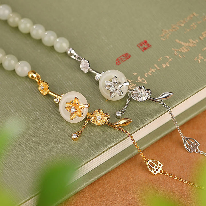 Bracelet chaîne porte-bonheur en argent sterling 925 avec boucle de paix en jade Hetian et Buddha Stones - image 1